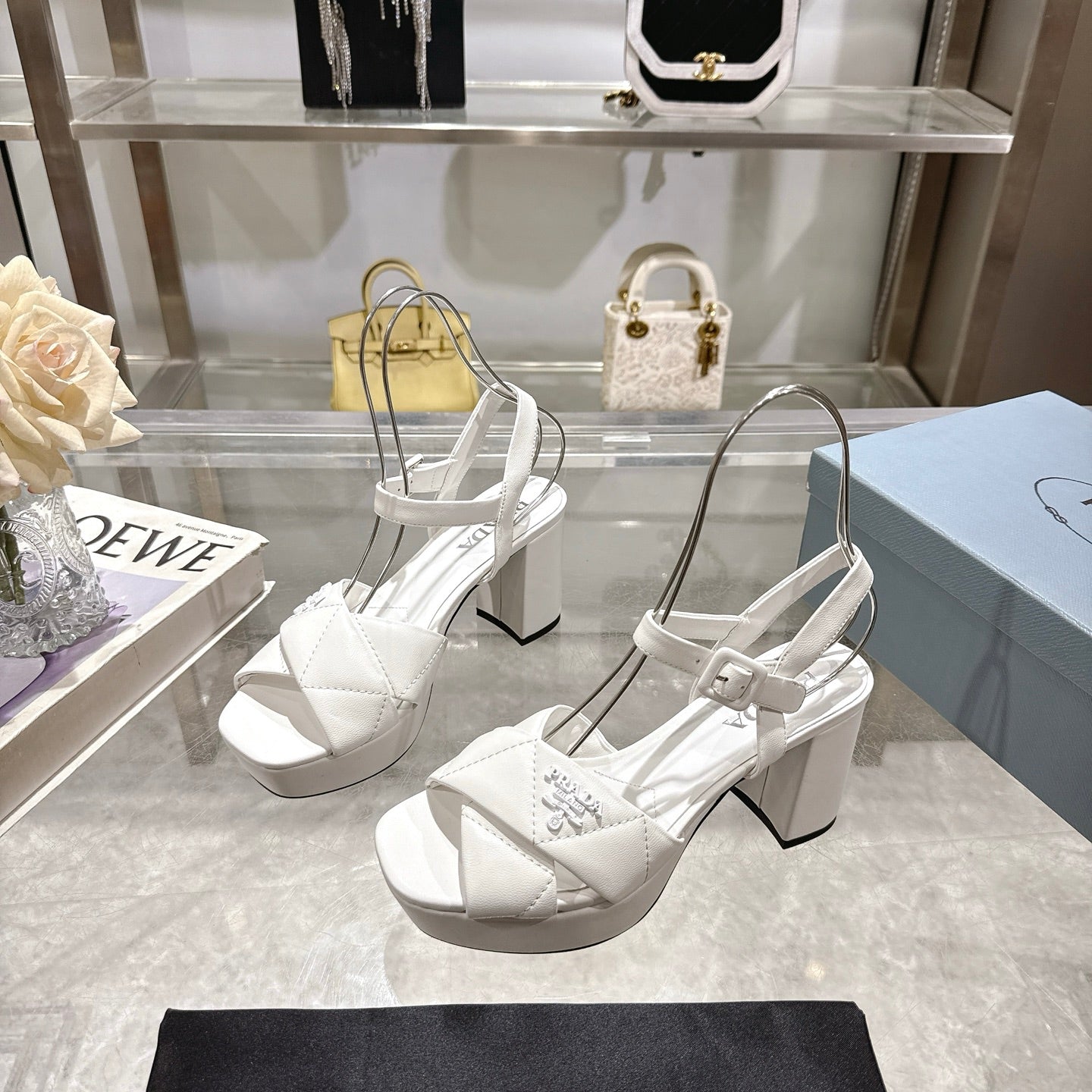 PRADA 25S HIGH-HEEL SANDALS 85 MM IN WHITE LAMBSKIN