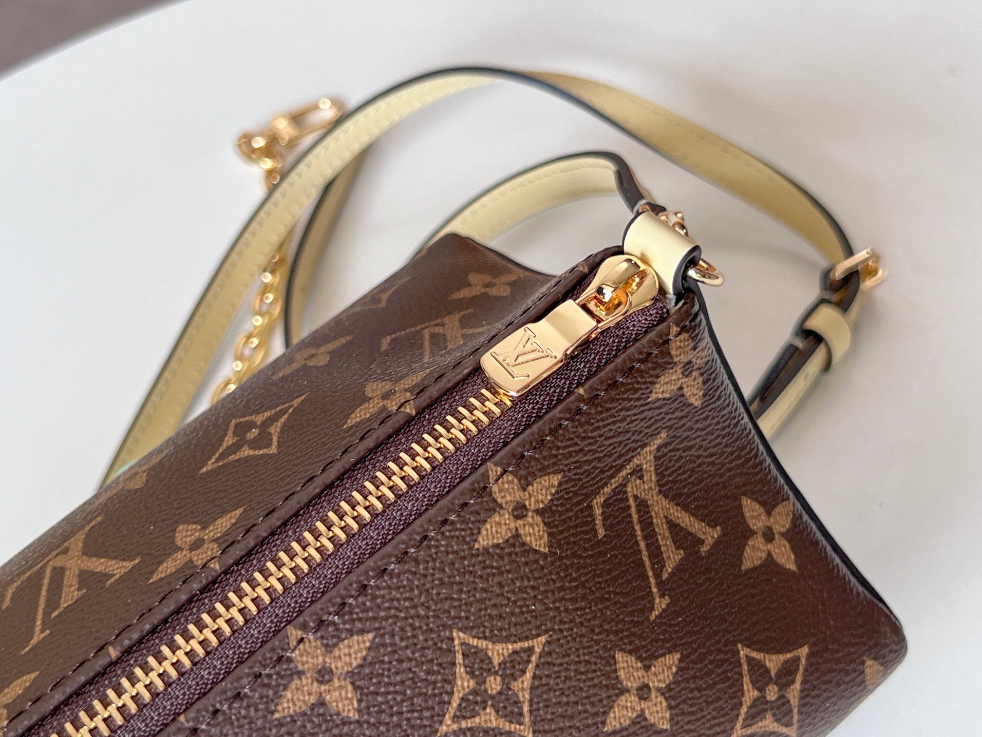 BLOOM POUCH 22 IN BROWN MONOGRAM CANVAS AND PASTEL YELLOW CALFSKIN SIDES