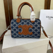 SMALL BOSTON 19 IN SPACE BLUE TRIOMPHE DENIM AND BROWN CALFSKIN TRIM