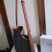 CELINE 25S SOFT SHOPPER BAG 32 IN BLACK TRIOMPHE CANVAS AND BROWN CALFSKIN