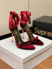 ANKLE SANDAL 10 CM IN CRIMSON RED VELVET AND SILK