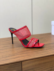 BALMAIN 26S HEEL SANDALS 95 MM IN RED MESH FABRIC WITH CRYSTAL EMBELLISHMENT