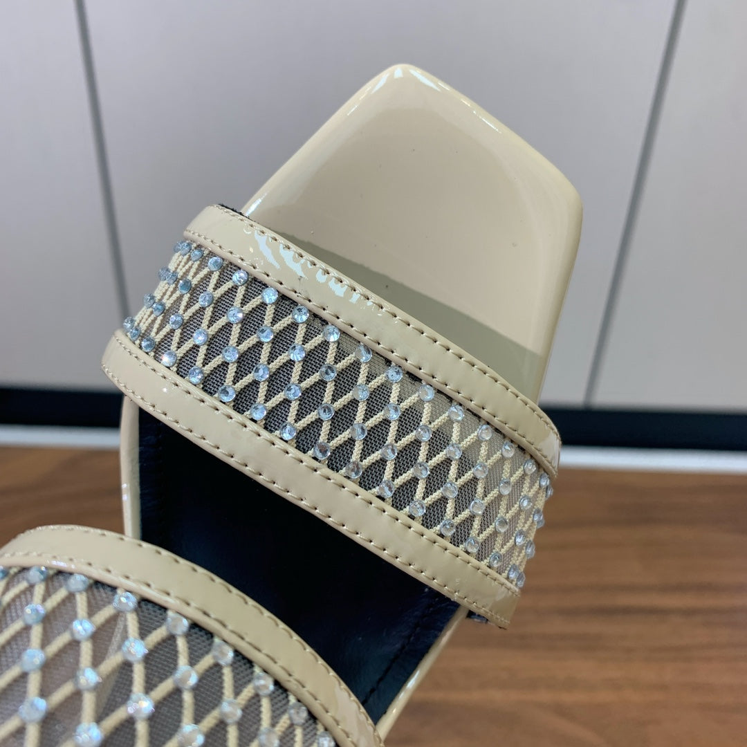 BALMAIN 26S HEEL SANDALS 95 MM IN BEIGE MESH FABRIC WITH CRYSTAL EMBELLISHMENT