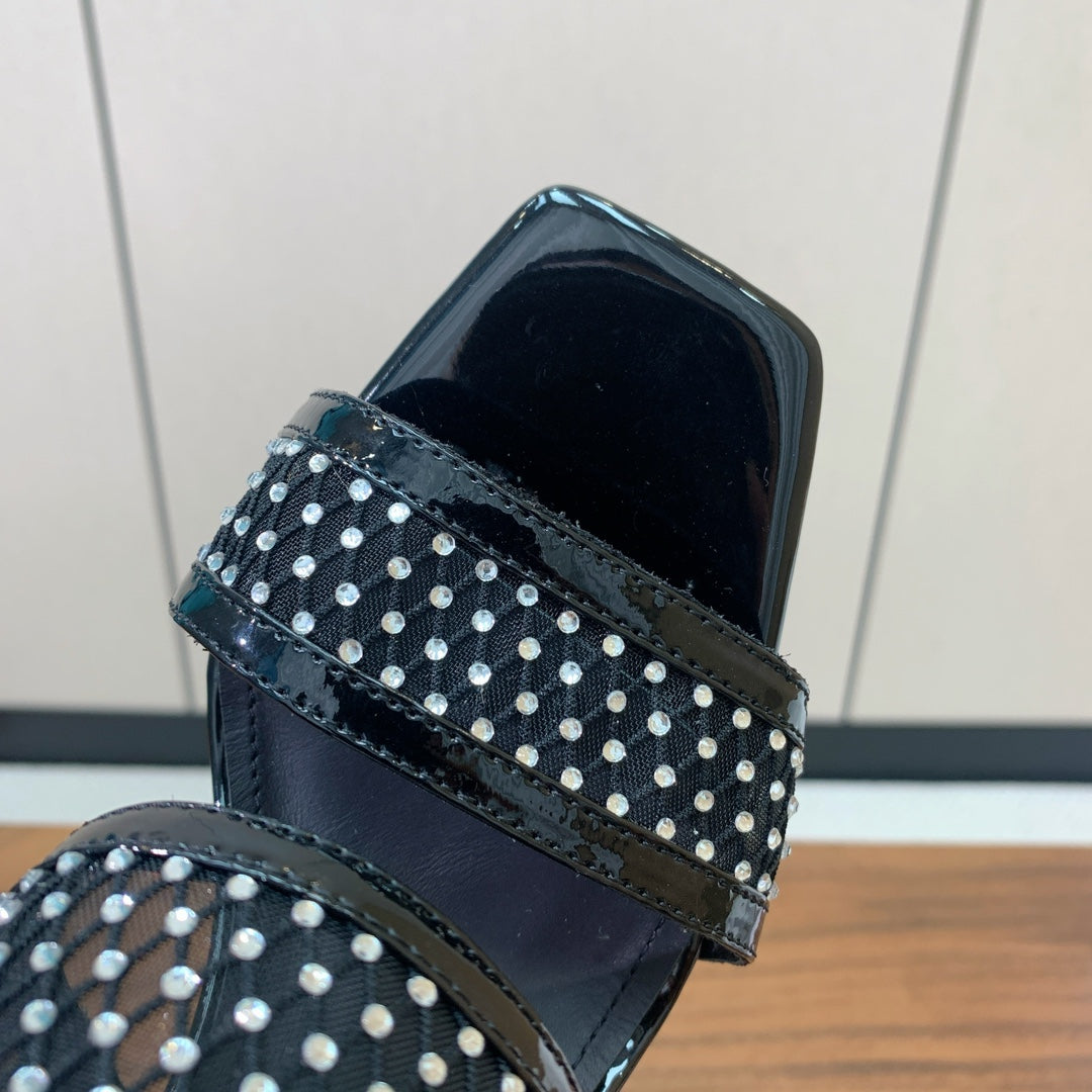 BALMAIN 26S HEEL SANDALS 95 MM IN BLACK MESH FABRIC WITH CRYSTAL EMBELLISHMENT