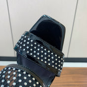 BALMAIN 26S HEEL SANDALS 95 MM IN BLACK MESH FABRIC WITH CRYSTAL EMBELLISHMENT