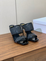 BALMAIN 26S HEEL SANDALS 95 MM IN BLACK MESH FABRIC WITH CRYSTAL EMBELLISHMENT