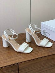 HIGH HEEL EMBROIDERED SANDAL IN WHITE CALFSKIN AND WOVEN STRAPS