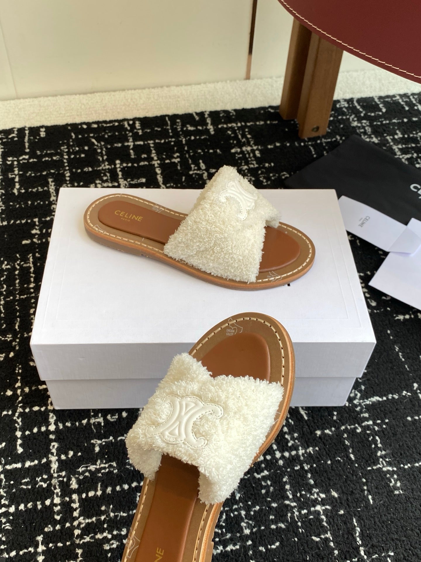 CELINE 26S TRIOMPHE FLAT SLIDES IN WHITE WOOL