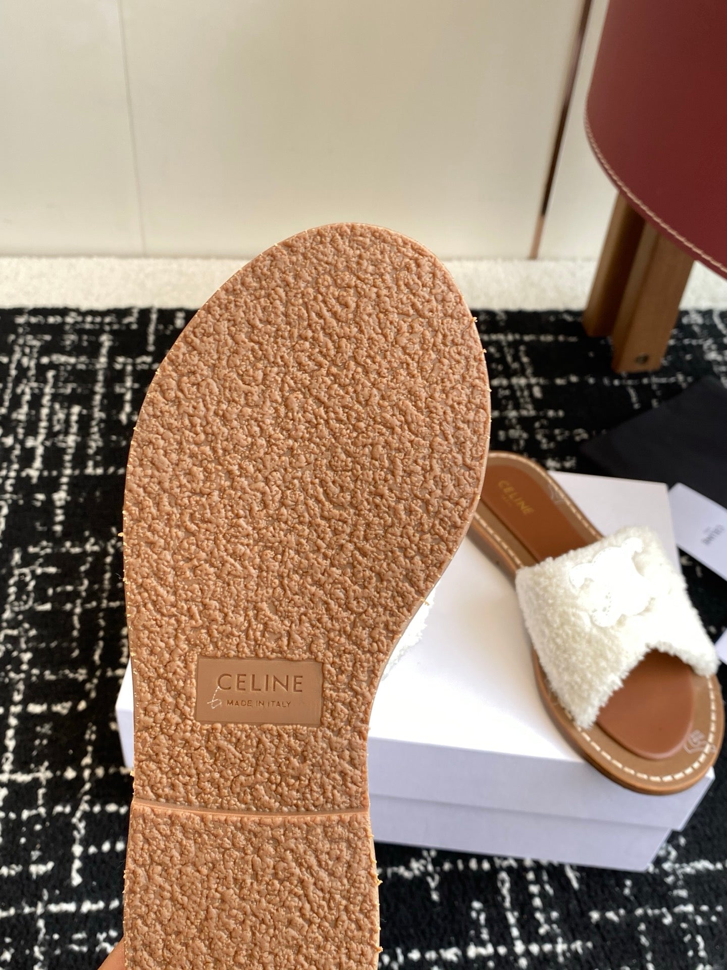 CELINE 26S TRIOMPHE FLAT SLIDES IN WHITE WOOL