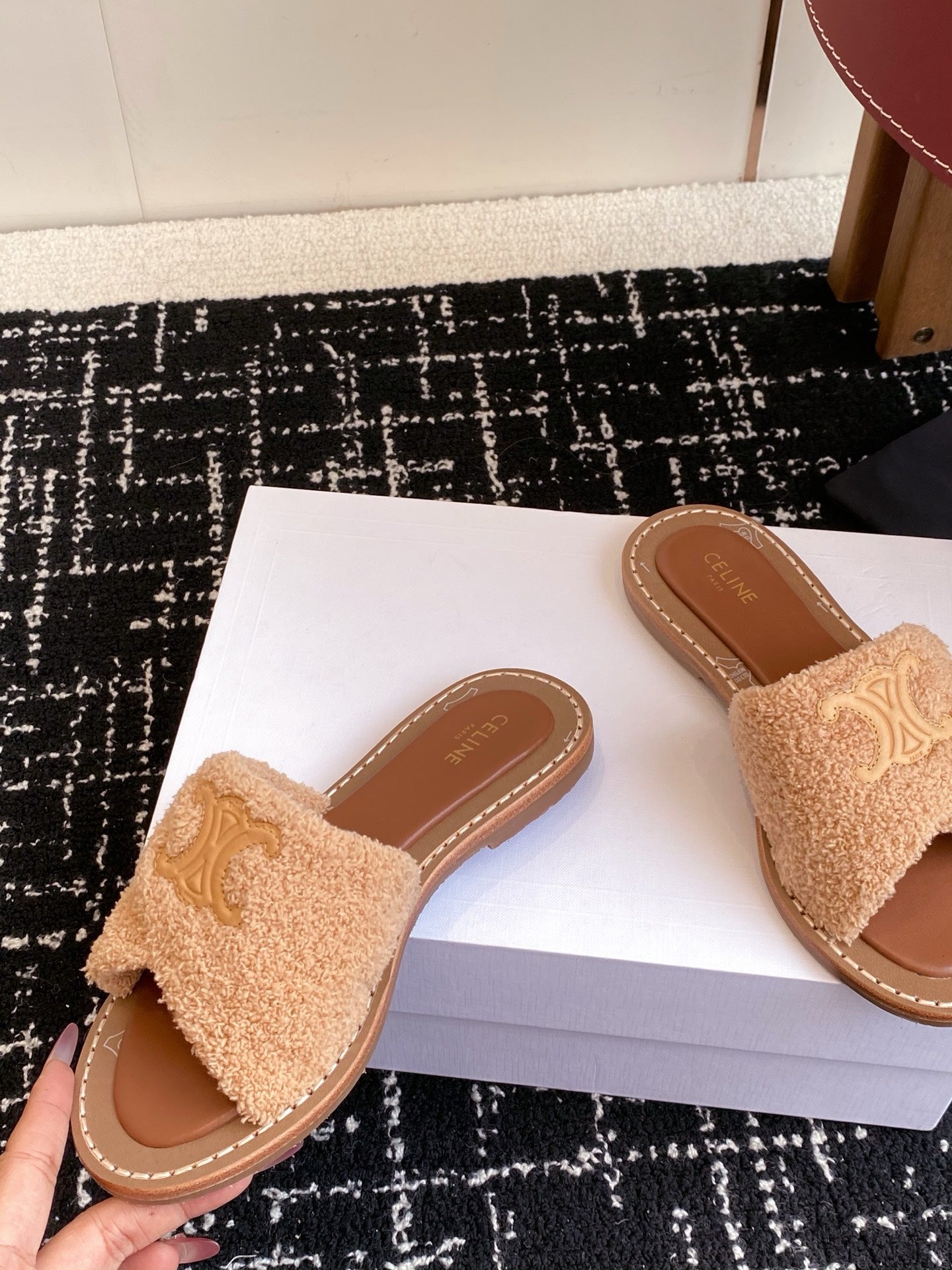 CELINE 26S TRIOMPHE FLAT SLIDES IN PEACH BEIGE WOOL