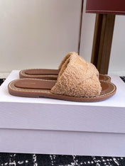 CELINE 26S TRIOMPHE FLAT SLIDES IN PEACH BEIGE WOOL