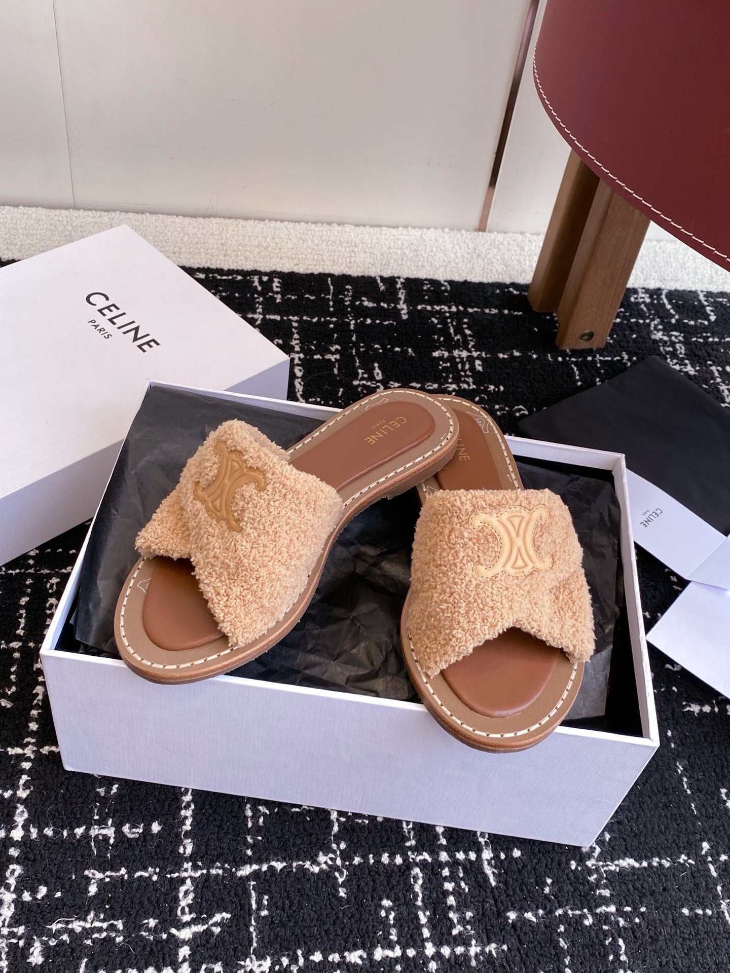 CELINE 26S TRIOMPHE FLAT SLIDES IN PEACH BEIGE WOOL