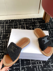 CELINE 26S TRIOMPHE FLAT SLIDES IN BLACK WOOL