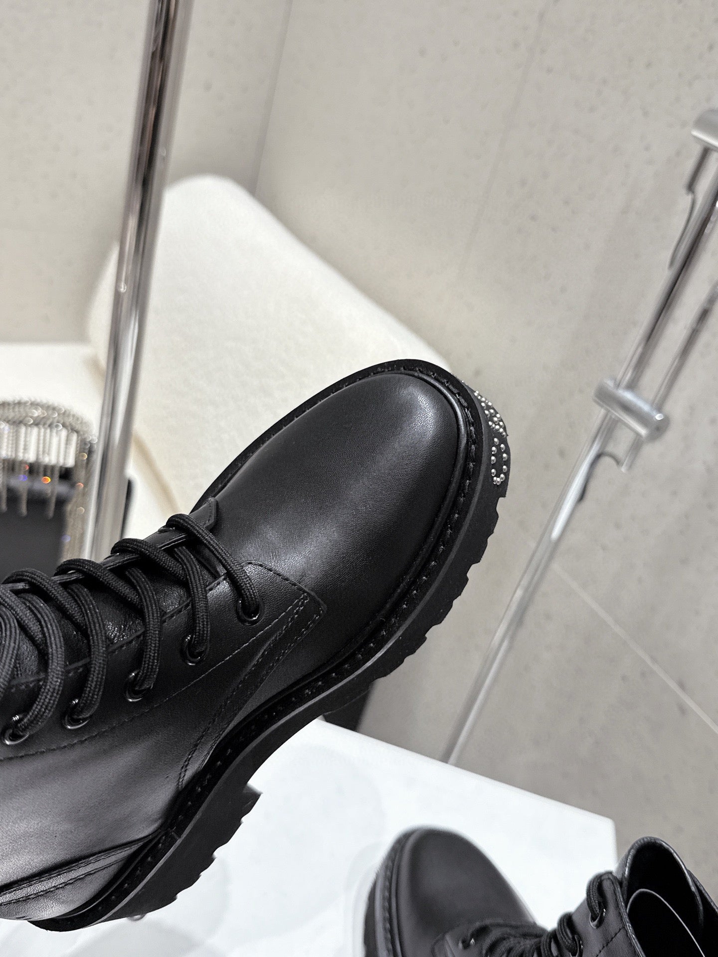 CELINE 26S CHUNKY-SOLE COMBAT BOOTS IN BLACK CALFSKIN