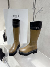CELINE 26S KNEE-HIGH BOOTS IN OLIVE BROWN AND BLACK CALFSKIN