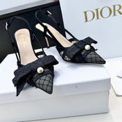DIOR 26S POINTED TOE HEELED SANDALS 85MM IN BLACK FABRIC WITH PEARL BOW