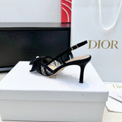 DIOR 26S POINTED TOE HEELED SANDALS 85MM IN BLACK FABRIC WITH PEARL BOW