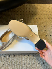 DIOR 26S OPEN BACK SANDALS IN SILVER CALFSKIN WITH PEARL BOW