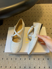 DIOR 26S BALLET FLAT IN WHITE LAMINATED LAMBSKIN AND GLITTER