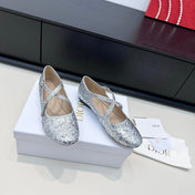 DIOR 26S BALLET FLAT IN SILVER LAMINATED LAMBSKIN AND GLITTER