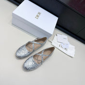 DIOR 26S BALLET FLAT IN SILVER LAMINATED LAMBSKIN AND GLITTER