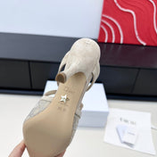 DIOR 26S CAPTURE HEELED MULE 100MM IN BEIGE SUEDE WITH SILVER STRASS CANNAGE MOTIF