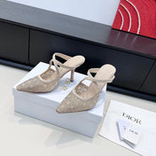 DIOR 26S CAPTURE HEELED MULE 100MM IN BEIGE SUEDE WITH SILVER STRASS CANNAGE MOTIF