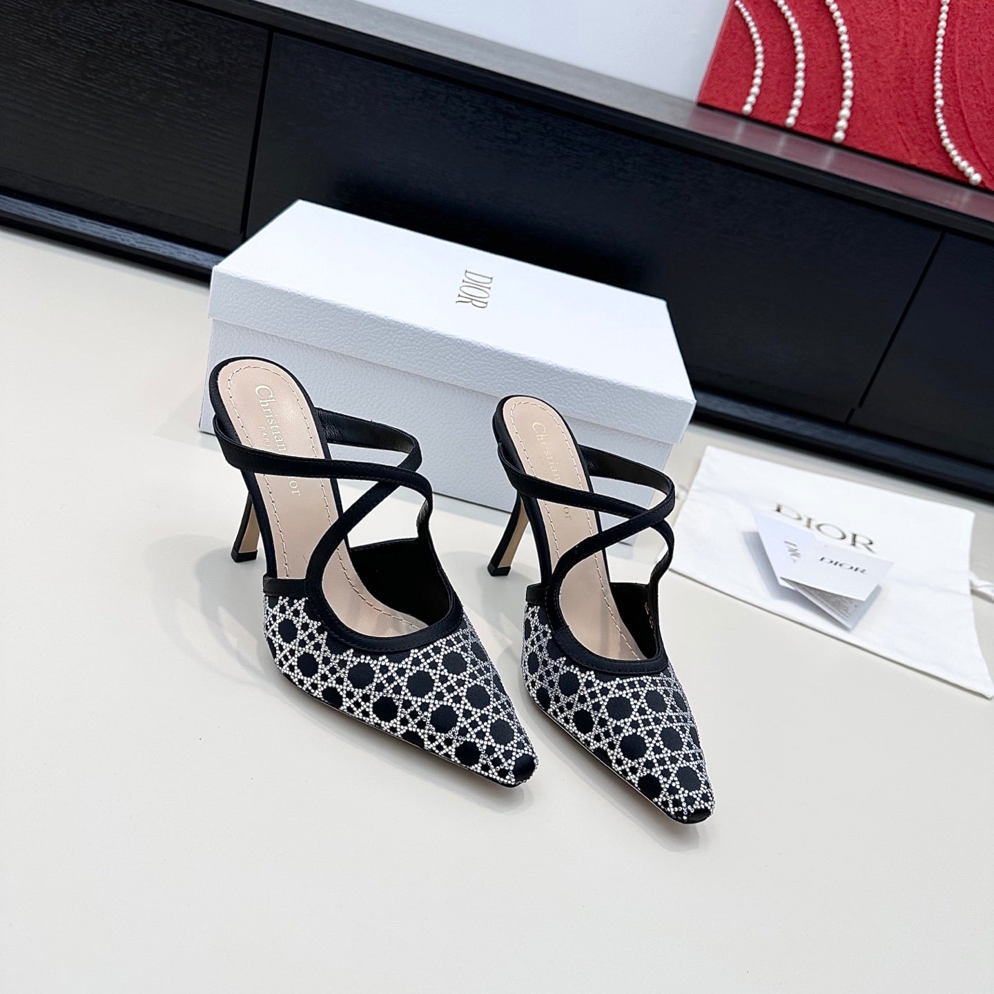 DIOR 26S SLINGBACK PUMP 100MM IN BLACK SATIN WITH SILVER STRASS CANNAGE MOTIF