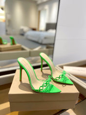GIANVITO ROSSI 26S HEELED SANDALS 105 MM IN GREEN PATENT CALFSKIN WITH BOW