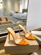 GIANVITO ROSSI 26S HEELED SANDALS 105 MM IN ORANGE PATENT CALFSKIN WITH BOW