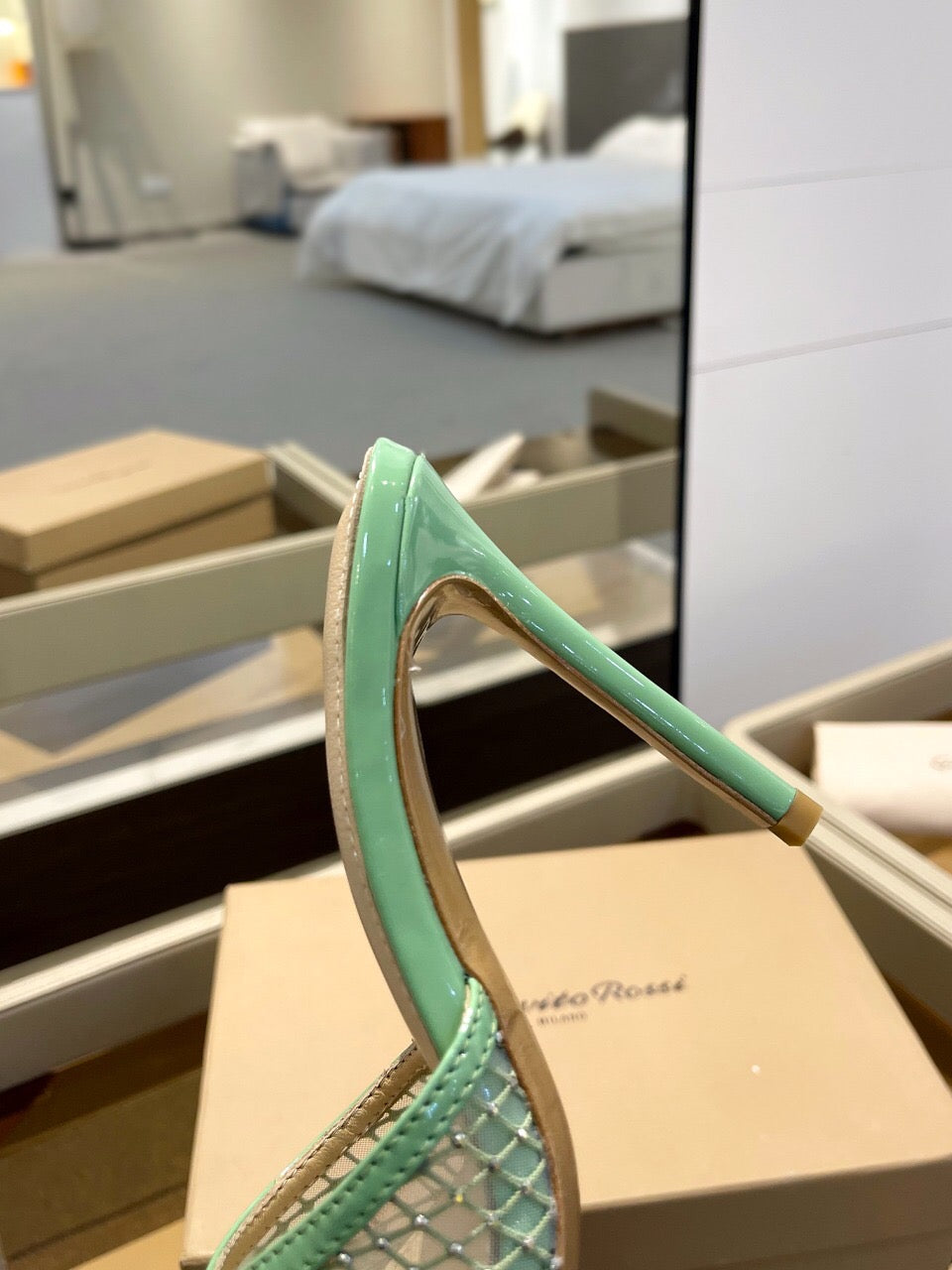 GIANVITO ROSSI 26S HEELED SANDALS 105 MM IN MINT GREEN MESH FABRIC AND CALFSKIN