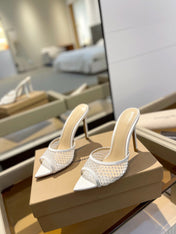 GIANVITO ROSSI 26S HEELED SANDALS 105 MM IN WHITE MESH FABRIC AND CALFSKIN