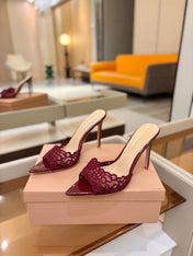 GIANVITO ROSSI 26S HEELED SANDALS 105 MM IN DARK RED LACE AND LAMBSKIN