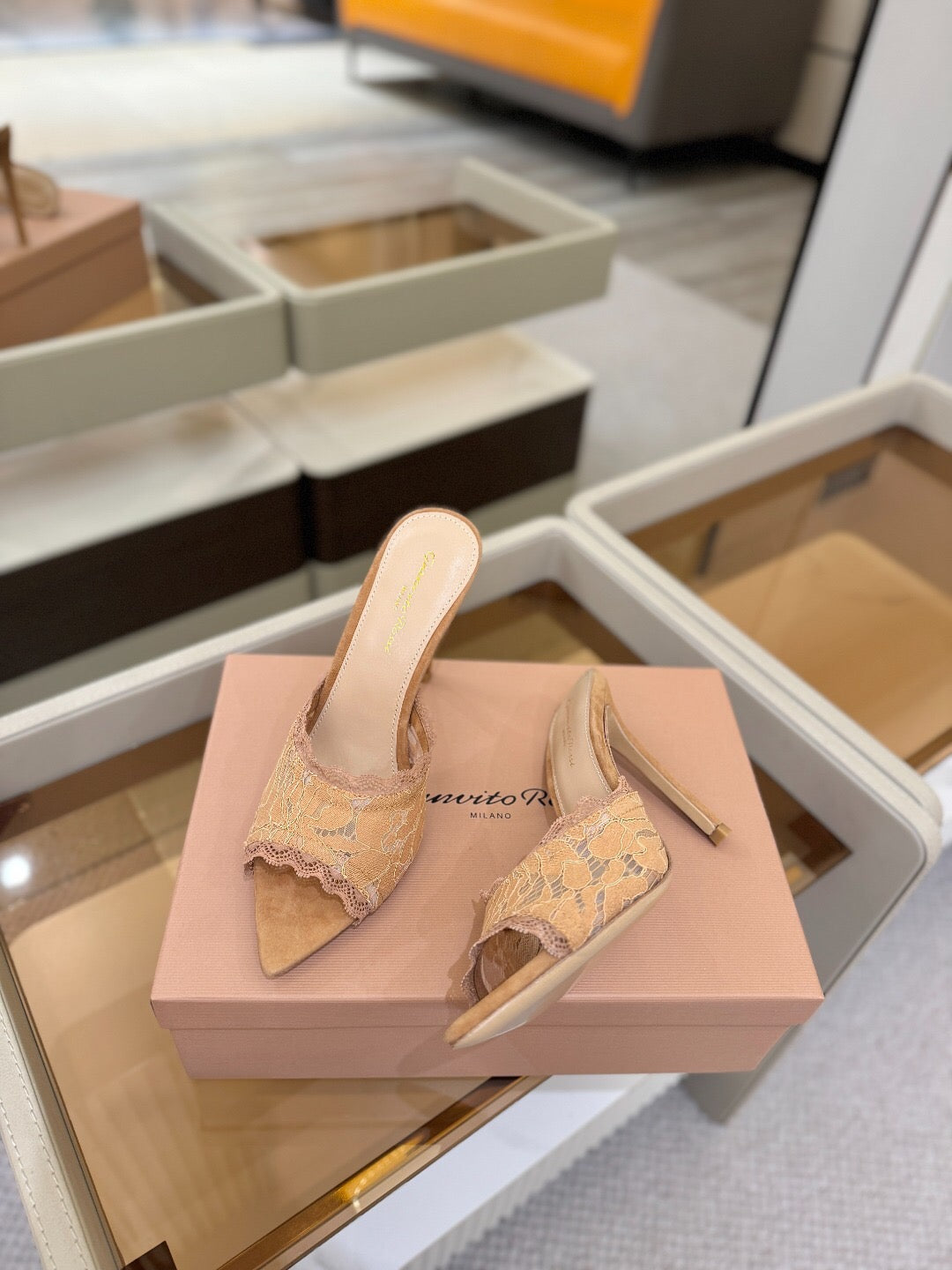 GIANVITO ROSSI 26S HEELED SANDALS 105 MM IN CARAMEL BROWN SUEDE AND LACE