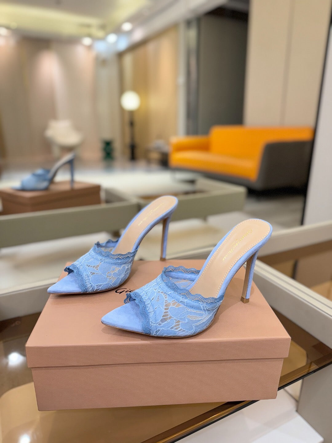 GIANVITO ROSSI 26S HEELED SANDALS 105 MM IN LIGHT BLUE SUEDE AND LACE