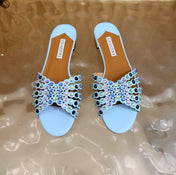 AQUAZZURA 26S SLIDES IN SKY BLUE CALFSKIN CRYSTAL-EMBELLISHED STRAPS