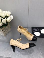 MARY JANE BEIGE CREAM MIX BLACK LAMBSKIN ATTACH METAL