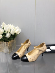 MARY JANE BEIGE CREAM MIX BLACK LAMBSKIN ATTACH METAL