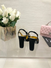 HIGH SLINGBACKS IN BLACK SUEDE AND GOLDEN LAMBSKIN
