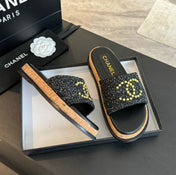 Double C Wood Grain Platform Slippers Black Wool