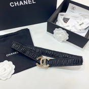 DOUBLE C ELASTIC BELT 30MM IN BLACK CALFSKIN GOLD CRYSTAL EMBELLISHED BUCKLE