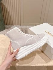 CHLOÉ 26S PLATFORM SOLE BOOTS 68 MM IN LIGHT BLUSH GRAY SUEDE
