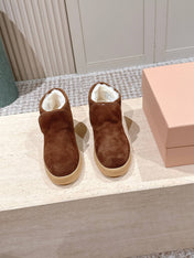 MIUMIU 25S SLIP-ON BOOTIES IN DARK BROWN SUEDE WITH FAUX SHEARLING
