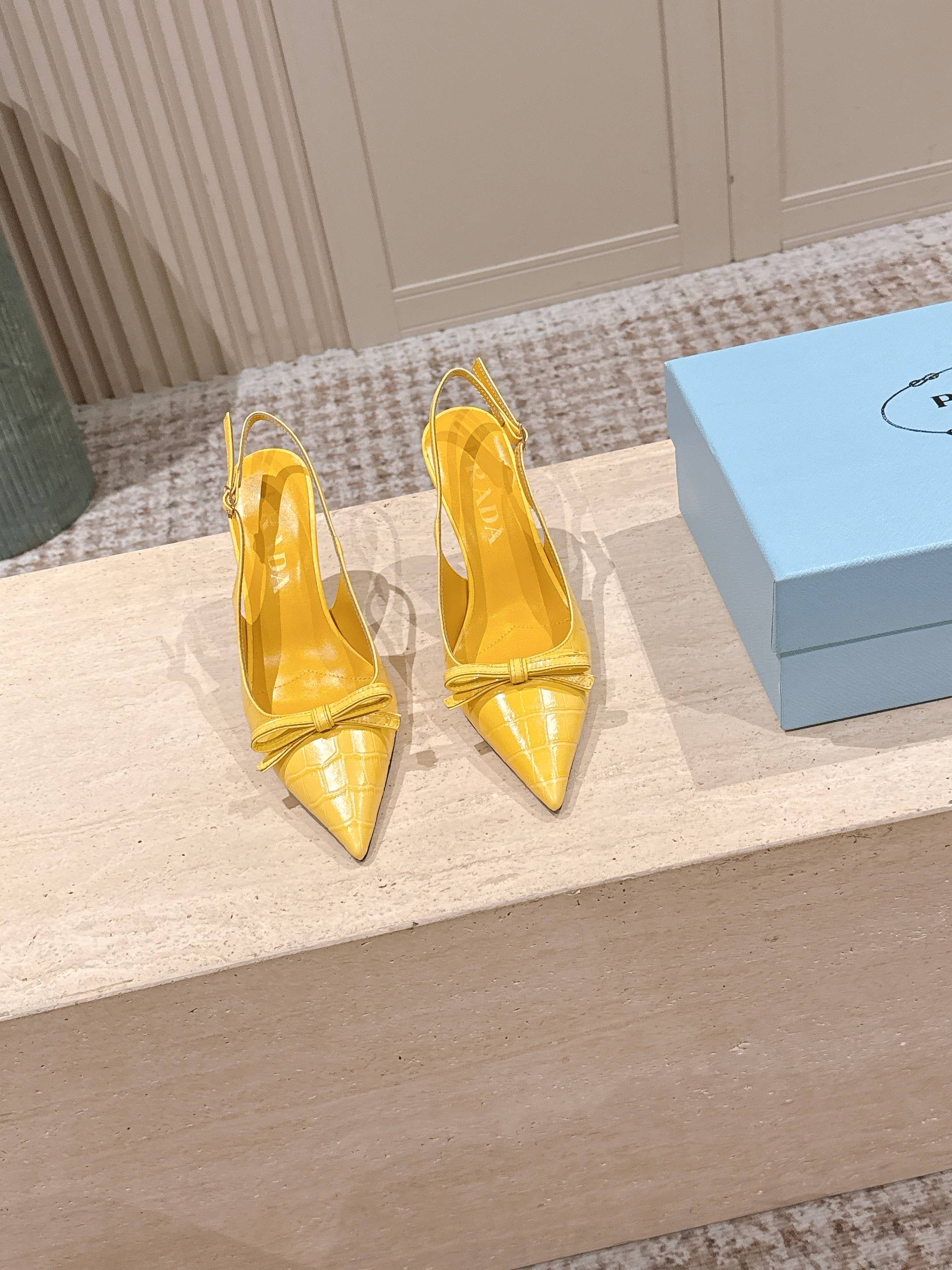PRADA 26S POINTED-TOE SLINGBACK HEELS 85MM IN GOLDEN YELLOW CROC-EMBOSSED CALFSKIN