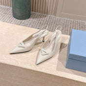 PRADA 26S POINTED-TOE SLINGBACK HEELS 75MM IN LIGHT BEIGE PATENT CALFSKIN