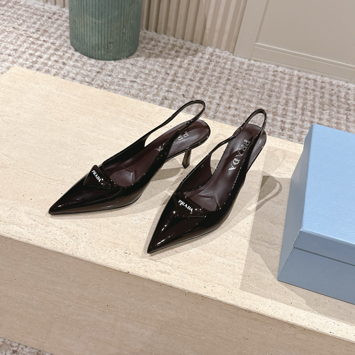 PRADA 26S POINTED-TOE SLINGBACK HEELS 75MM IN DARK BROWN PATENT CALFSKIN
