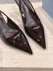 PRADA 26S POINTED-TOE SLINGBACK HEELS 75MM IN DARK BROWN PATENT CALFSKIN