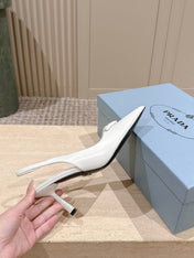 PRADA 26S POINTED-TOE SLINGBACK HEELS 75MM IN WHITE SHINY CALFSKIN