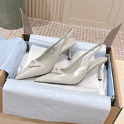 PRADA 26S POINTED-TOE SLINGBACK HEELS 75MM IN SOFT GRAY SHINY CALFSKIN