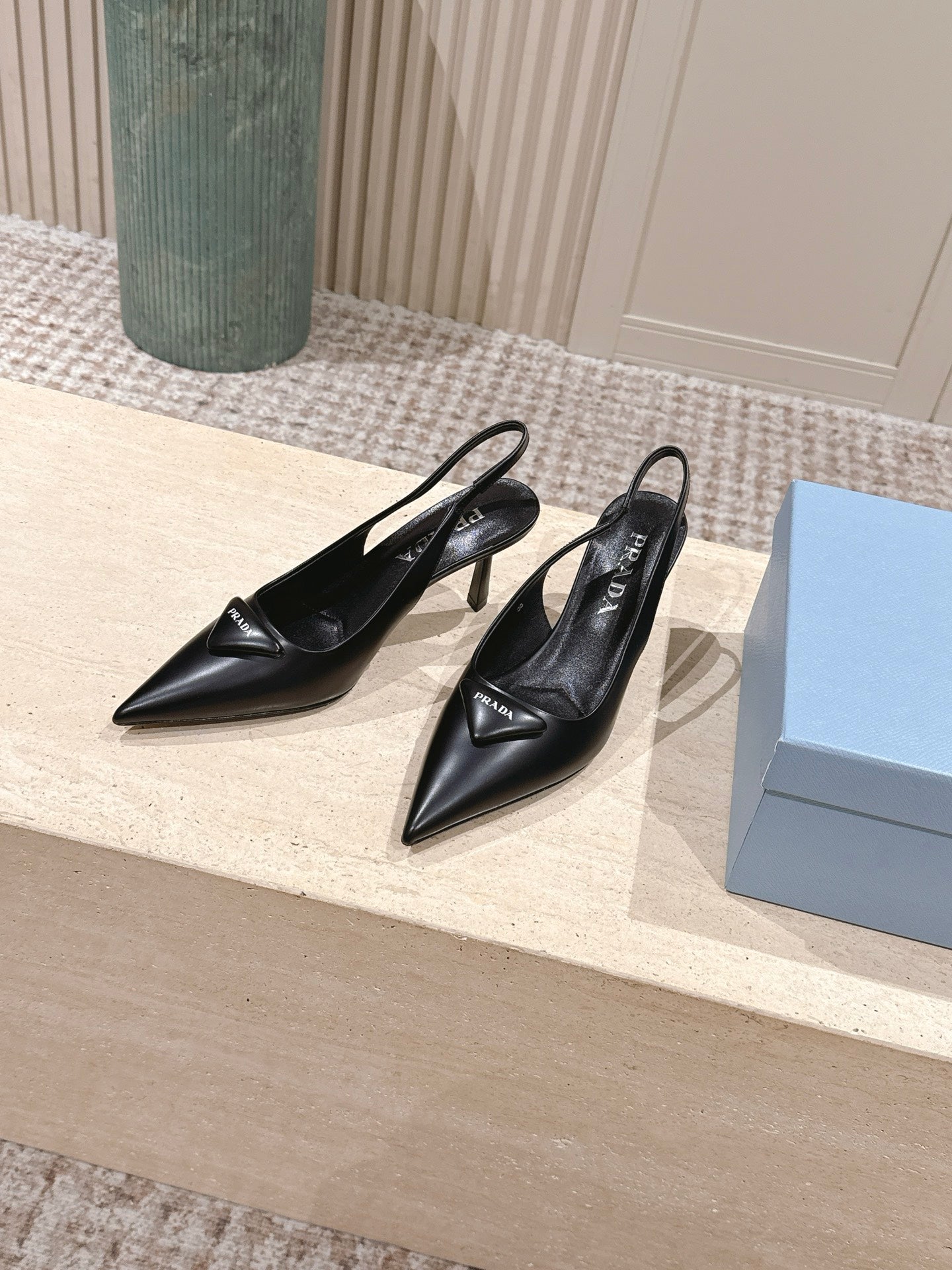PRADA 26S POINTED-TOE SLINGBACK HEELS 75MM IN BLACK SHINY CALFSKIN